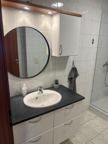 a bathroom with a sink and a mirror at Eskivellir in Hafnarfjördur