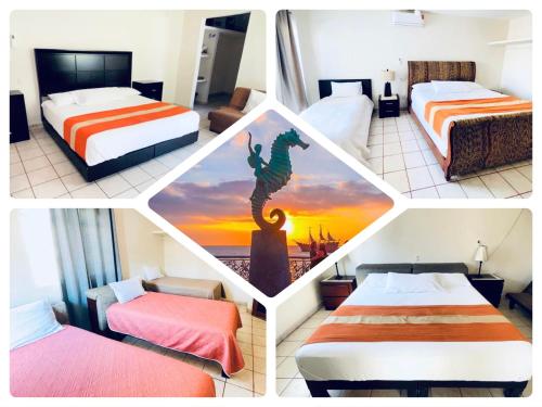 un collage de quatre photos d'une chambre d'hôtel dans l'établissement Casa cerca del mar! 4 Habitaciones con aire acondicionado, à Puerto Vallarta