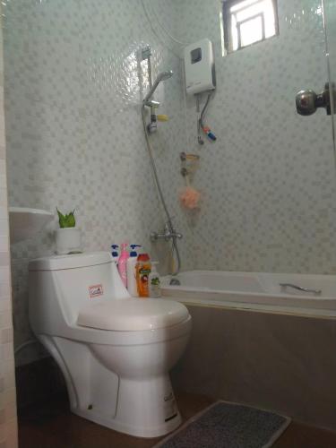 a bathroom with a toilet and a bath tub at ERN Travellers Inn House in Mindoro in Kabalwa