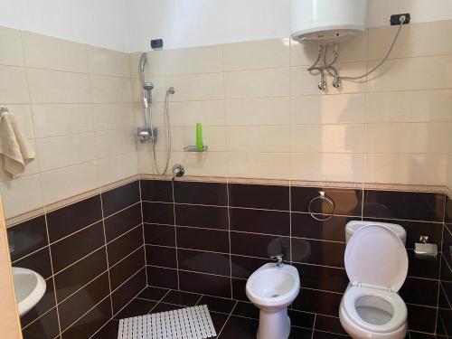 a bathroom with a toilet and a sink at Meti Guest House in Krujë