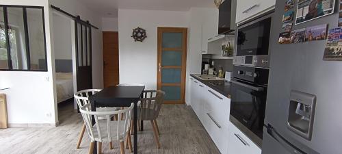 a kitchen with a table and chairs in a room at Studio 1 Cabana de pe Stanca in Colibiţa