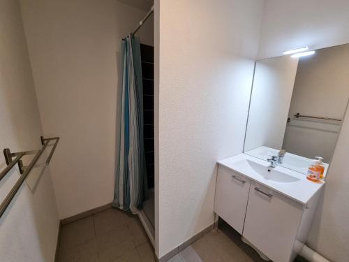 une salle de bain avec un lavabo et un miroir dans l'établissement La Cabane Fournier 10 min a pied de Mimizan plage et commerce, à Mimizan