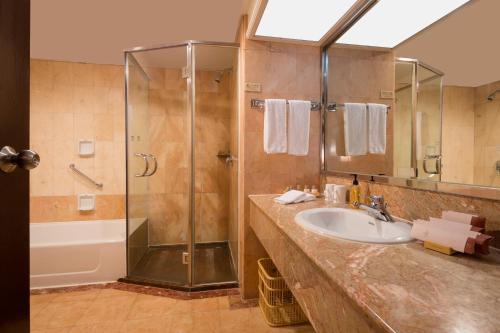 bagno con lavandino e doccia di Shenzhen Sunshine Hotel, Luohu a Shenzhen