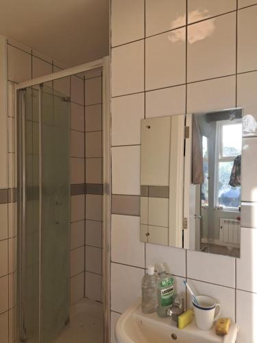 ein Bad mit einer Dusche, einem Waschbecken und einem Spiegel in der Unterkunft Mo's Room in London