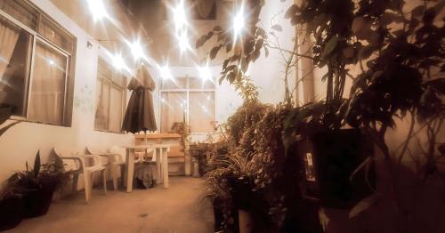ein Zimmer mit einem Tisch und einigen Pflanzen und Lichtern in der Unterkunft Irania House - Hermoso departamento con estilo diferente in Loja