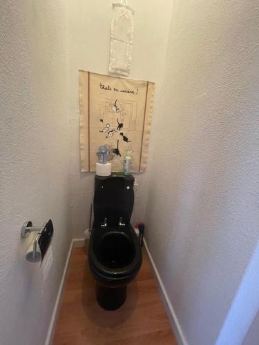 La salle de bains est pourvue de toilettes noires. dans l'établissement Marina baie des anges, beach downstairs, charming apartment with sea and garden view, à Villeneuve-Loubet