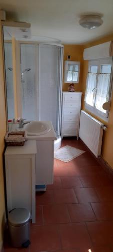 ein Bad mit einem Waschbecken und einer Dusche in einem Zimmer in der Unterkunft 618 rue de l argiliere Helfaut 62570 