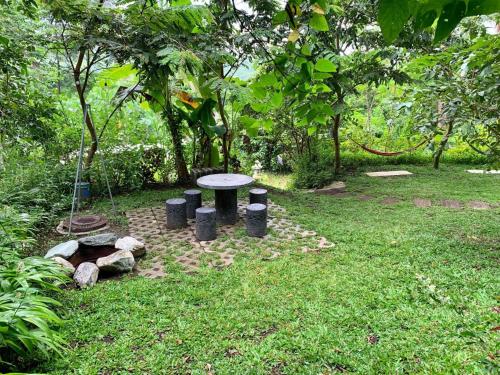 a picnic table in the middle of a garden at Shanti Wellness Sanctuary in Lemery