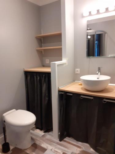 une salle de bain avec des toilettes blanches et un lavabo dans l'établissement Mini Loft, à Saintes