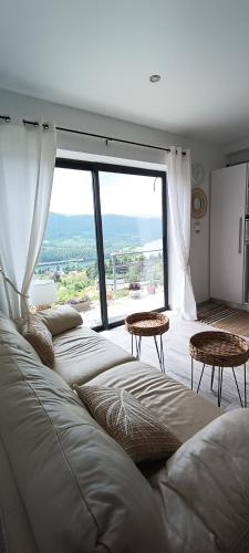 sala de estar con sofá y ventana grande en Studio 2 Cabana de pe Stanca, en Colibiţa