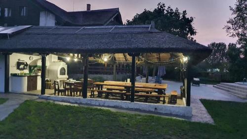 a gazebo with wooden benches and a table at Morena Mansion in Murighiol