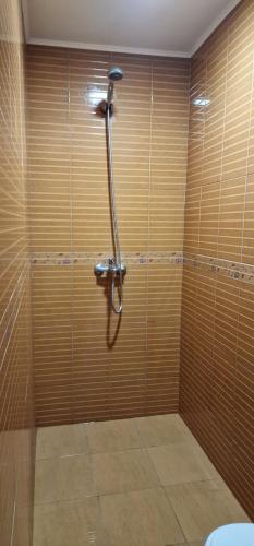 La salle de bains est pourvue d'une douche et de murs en bois. dans l'établissement Guest House Selin, à Veliko Tarnovo