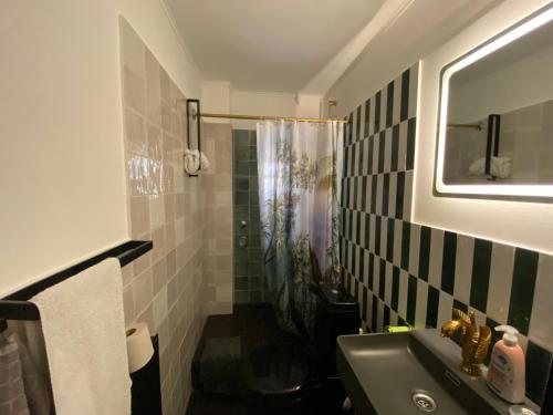 a bathroom with a green sink and a shower at Schöne Wohnung mit Elbblick in Blankenese Strandlage in Hamburg