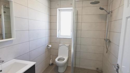 a bathroom with a toilet and a sink and a window at Coastal View House in Buncrana