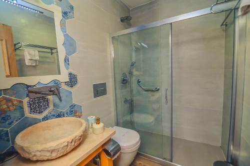 a bathroom with a shower and a sink and a toilet at Alacati Asmali Konak Hotel in Alaçatı