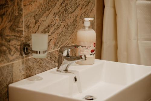 a bottle of soap sitting on top of a bathroom sink at Matteo's Apartments in Velipojë