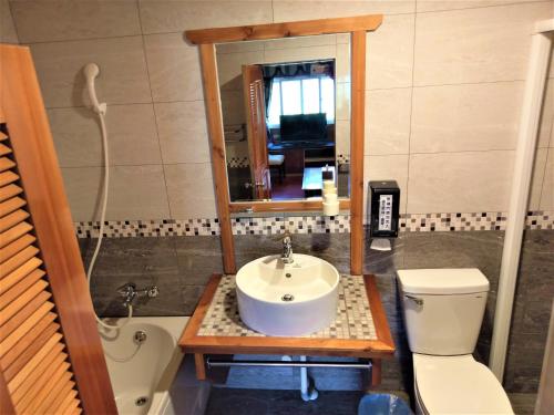a bathroom with a sink and a toilet and a mirror at Shiyai Taoyuan in Renai