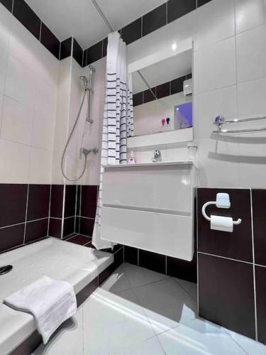 La salle de bains est pourvue d'un lavabo et d'une douche. dans l'établissement Au petit QG: Apt cosy pour 2 Prs, 200m des plages, à Antibes