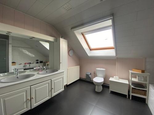 uma casa de banho com um lavatório, um WC e uma janela. em Hébergement à 20 min à pied du circuit Spa-Francorchamps em Malmedy