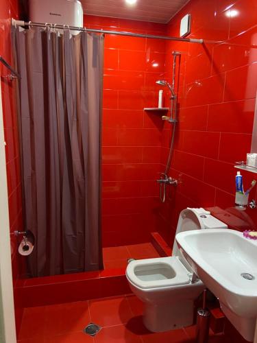 巴統的住宿－magnolia，红色的浴室设有淋浴和卫生间。