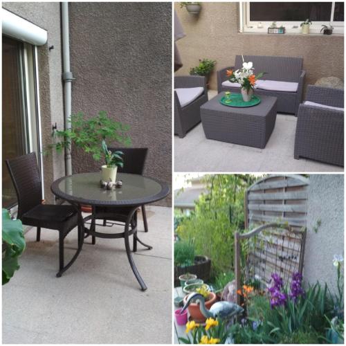 two pictures of a patio with a table and chairs at Chambre un petit air de chalet 