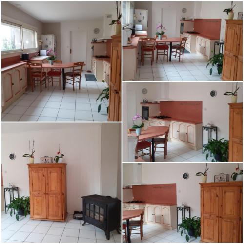 four different views of a kitchen and dining room at Chambre un petit air de chalet 