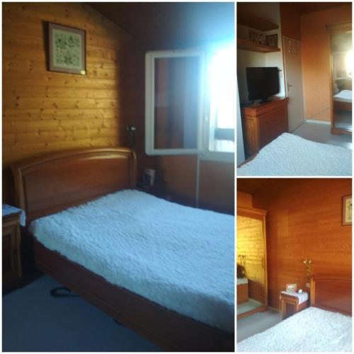 two pictures of a bedroom with a bed and a television at Chambre un petit air de chalet 