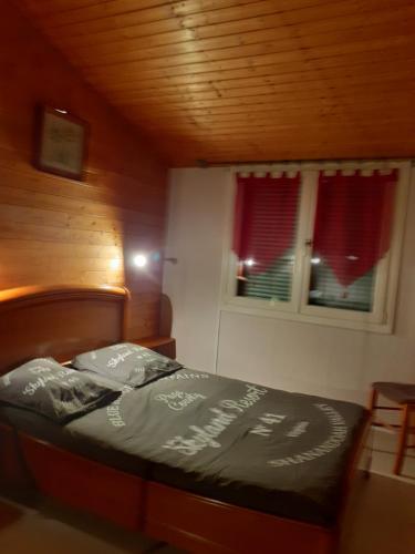 a small bedroom with a bed and two windows at Chambre un petit air de chalet 