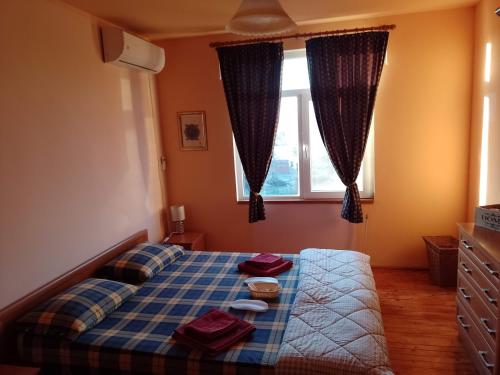 um quarto com uma cama com um cobertor xadrez azul e uma janela em Apartment Nina a beauty stay in Bulgaria em Kramolin