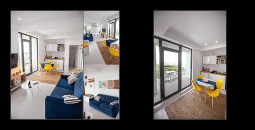 two pictures of a living room with a blue couch at Serenity by Oxygen Residence in Neptun