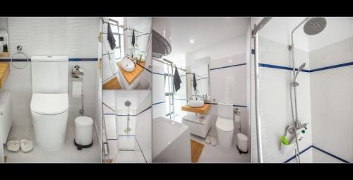 a bathroom with a toilet and a shower in it at Serenity by Oxygen Residence in Neptun