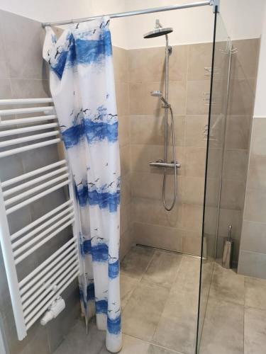 a shower with a blue and white shower curtain at Wohnung mit Parkplatz und Garten in Donawitz