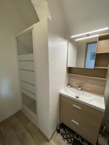 une salle de bain avec un lavabo et un miroir dans l'établissement Meublé de tourisme Sejour-La-Roche Pasteur, à La Roche-Posay