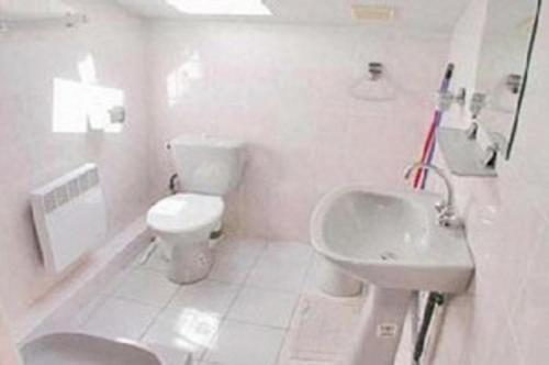 a white bathroom with a toilet and a sink at Cigale 5 in Argelès-sur-Mer