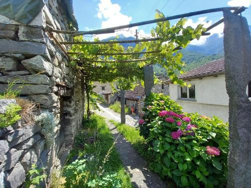 an alley in a stone house with flowers at Casa Coerente Cavergno - Room 2 in Cevio