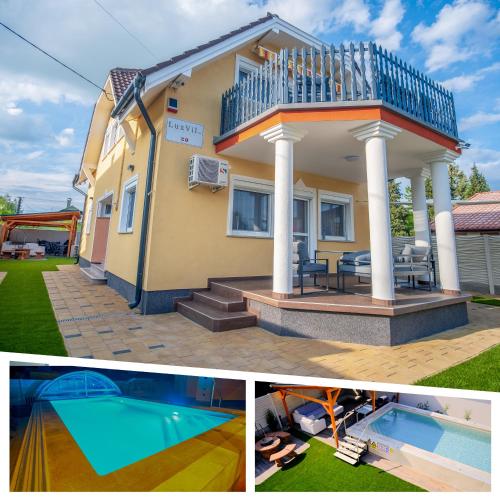 a house with a balcony and a swimming pool at LuxVil Balaton Private Pool Holiday Home in Balatonkeresztúr