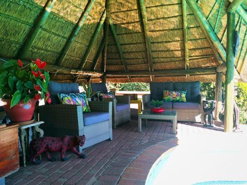 a patio with chairs and a dog walking under a straw roof at Golfer's Lodge in Edenvale