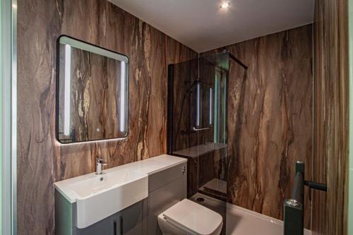 ein Badezimmer mit einem Waschbecken, einem WC und einem Spiegel in der Unterkunft Comfy Lake District Cabins - Winster, Bowness-on-Windermere in Winster