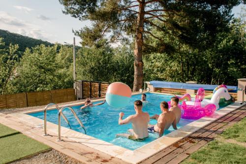 um grupo de pessoas a jogar numa piscina com insufláveis em Das Holzhaus em Sadu