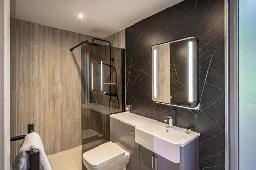a bathroom with a sink and a toilet and a mirror at Lake District Woodland Pods - Winster, Bowness-on-Windermere in Winster