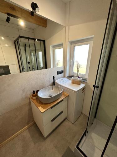 a bathroom with a sink and a shower and a mirror at Domki na Mazurach - Marksewo in Szczytno