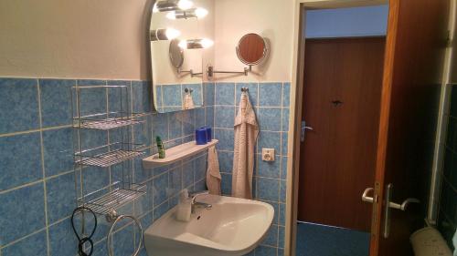 Baño de azulejos azules con lavabo y espejo en Ferien am Biotop, en Rodenäs