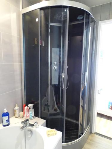 une douche en verre dans une salle de bain avec un lavabo dans l'établissement Bed & Breizh, à Férel