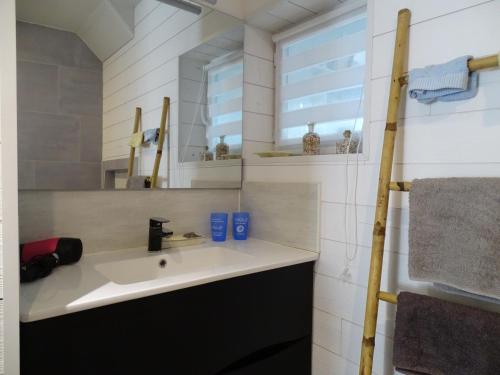 a bathroom with a sink and a window at Bed & Breizh in Férel