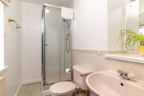 a bathroom with a shower and a toilet and a sink at 2 Alexandra Court in St. Andrews