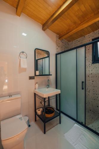 łazienka z toaletą i umywalką w obiekcie SAPANCA KURUÇEŞME TINY HOUSE w mieście Sapanca