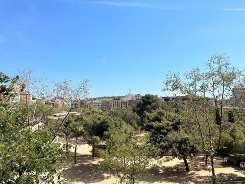 a view of a park with trees and buildings at Apartamento muy luminoso frente a Parque Joan Miró in Barcelona
