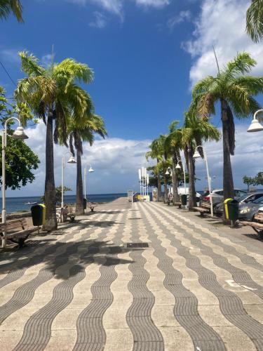 a sidewalk with palm trees on a beach at Ti Repos Martinique - maison avec Spa in Schœlcher