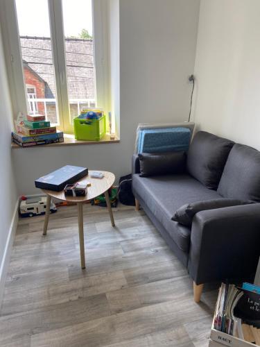a living room with a couch and a table at Bel Appartement 1er étage t2 4 pers avec cour les cocons de Madenn in Lamballe