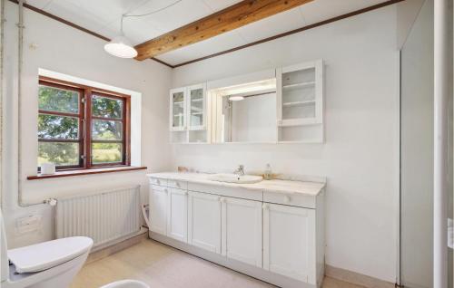 La salle de bains blanche est pourvue d'un lavabo et de toilettes. dans l'établissement 2 Bedroom Pet Friendly Apartment In Tranekr, à Skattebølle